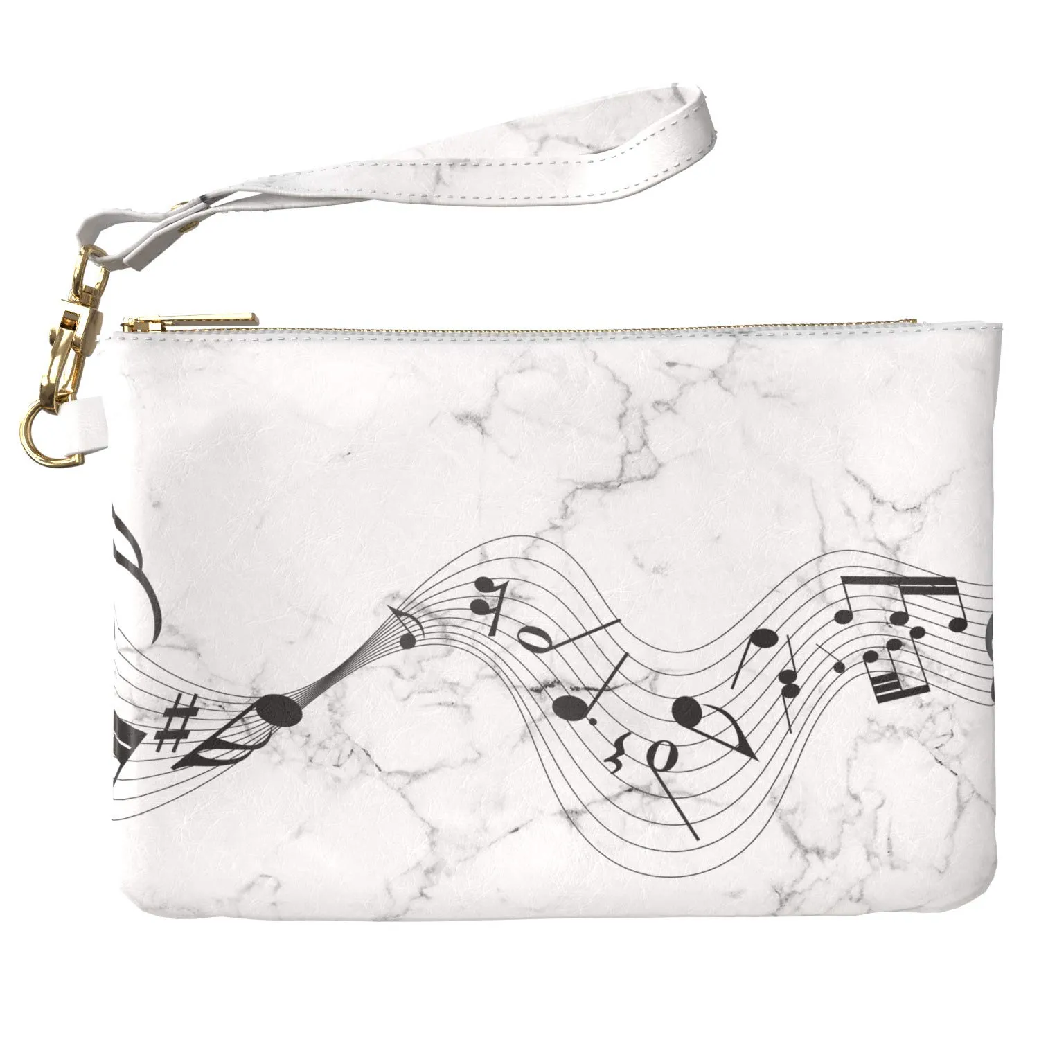 Makeup Bag 9.5 x 6 inch Simple Song Marble Strap Accessories Notes Music Print PU Leather Toiletry Zipper Travel Case Black Purse Pouch Cute White Storage Portable Organizer Design Cosmetic
