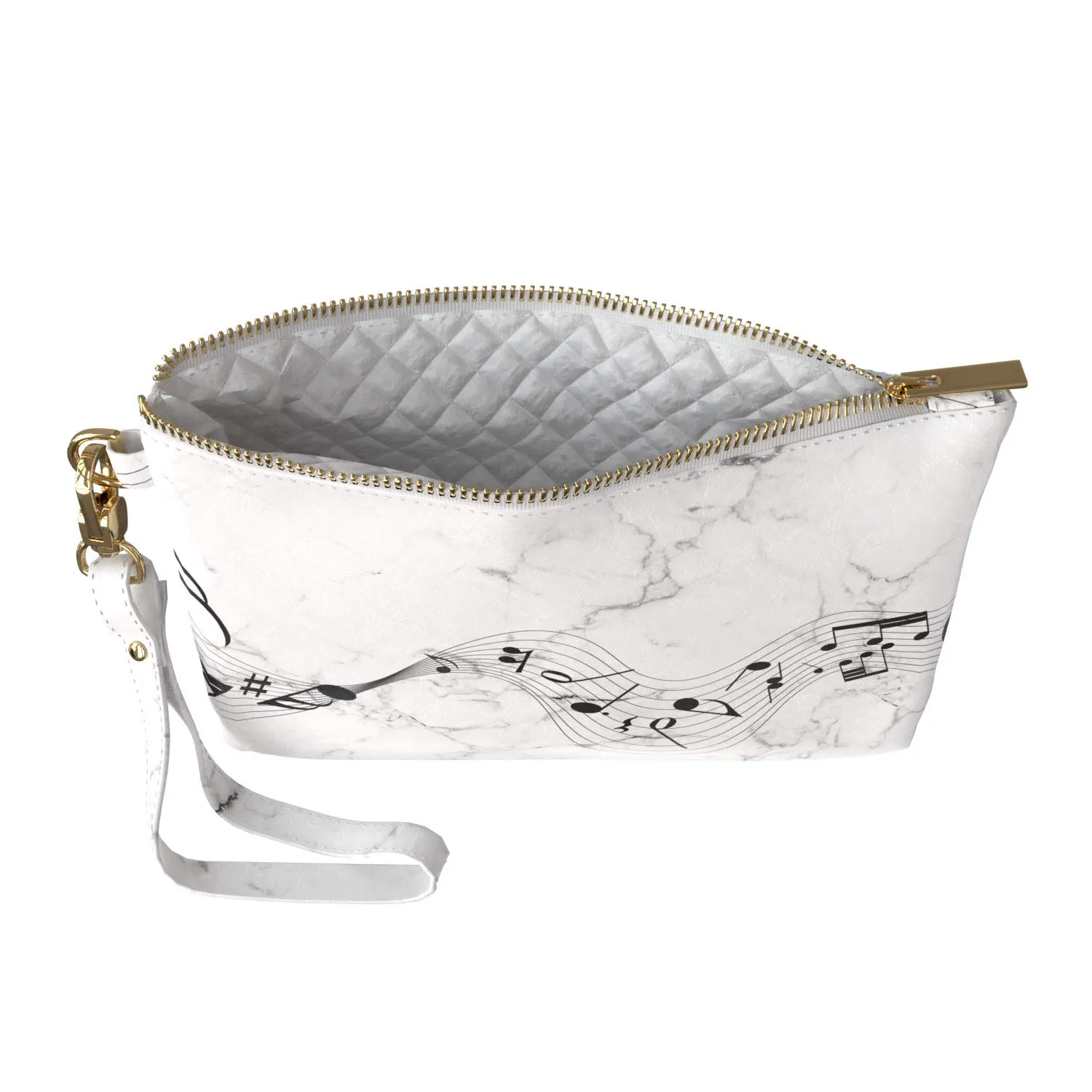Makeup Bag 9.5 x 6 inch Simple Song Marble Strap Accessories Notes Music Print PU Leather Toiletry Zipper Travel Case Black Purse Pouch Cute White Storage Portable Organizer Design Cosmetic