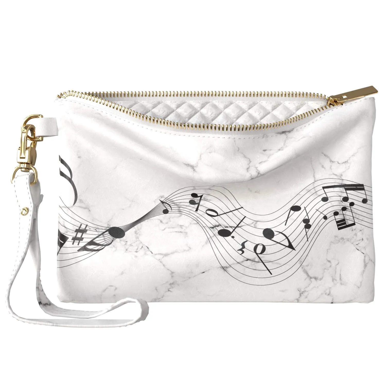 Makeup Bag 9.5 x 6 inch Simple Song Marble Strap Accessories Notes Music Print PU Leather Toiletry Zipper Travel Case Black Purse Pouch Cute White Storage Portable Organizer Design Cosmetic