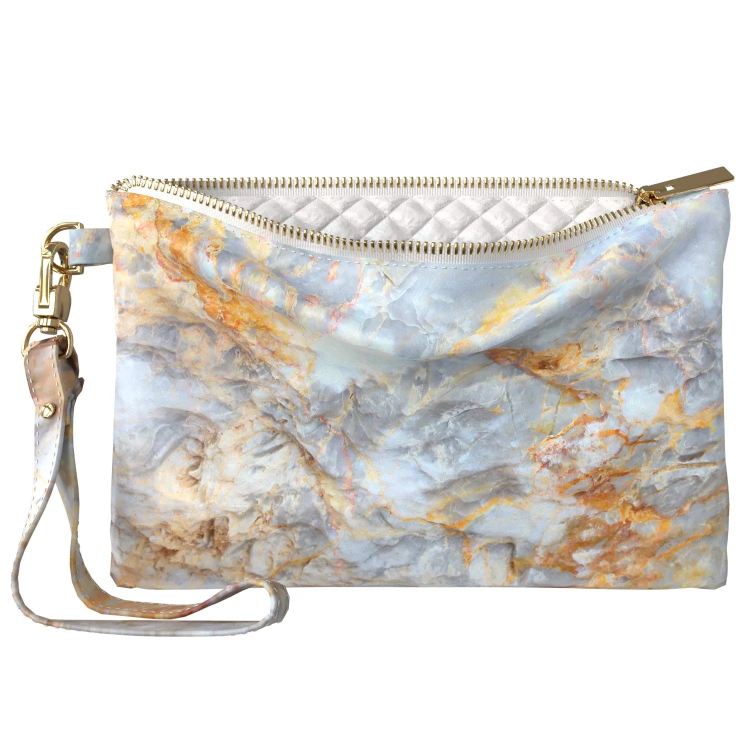 Makeup Bag 9.5 x 6 inch Unique Purse Pouch Marble Storage Pearls Strap Accessories White Print PU Leather Toiletry Zipper Travel Case Portable Organizer Design Nature Gold Abstract Cosmetic