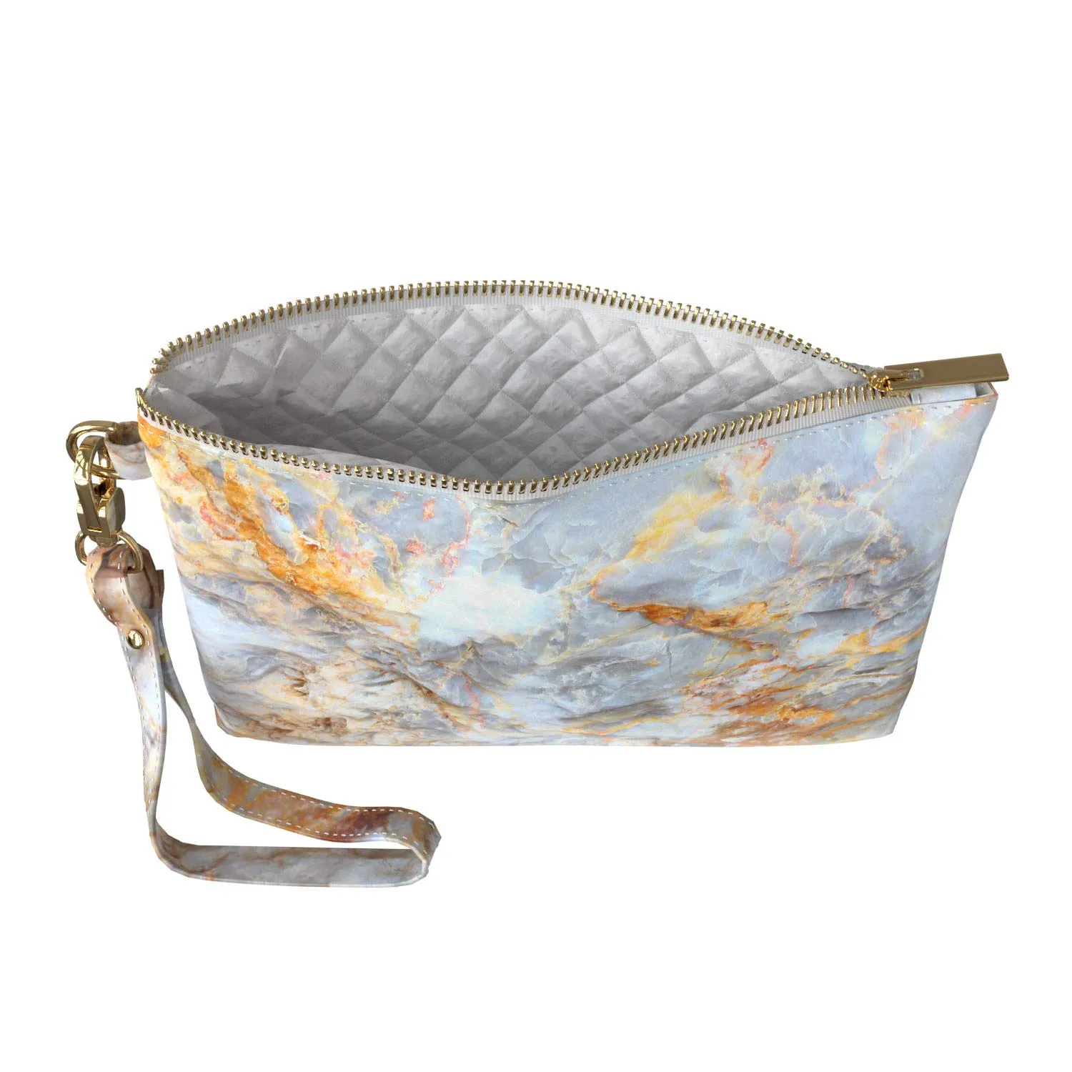 Makeup Bag 9.5 x 6 inch Unique Purse Pouch Marble Storage Pearls Strap Accessories White Print PU Leather Toiletry Zipper Travel Case Portable Organizer Design Nature Gold Abstract Cosmetic