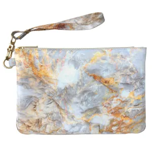 Makeup Bag 9.5 x 6 inch Unique Purse Pouch Marble Storage Pearls Strap Accessories White Print PU Leather Toiletry Zipper Travel Case Portable Organizer Design Nature Gold Abstract Cosmetic