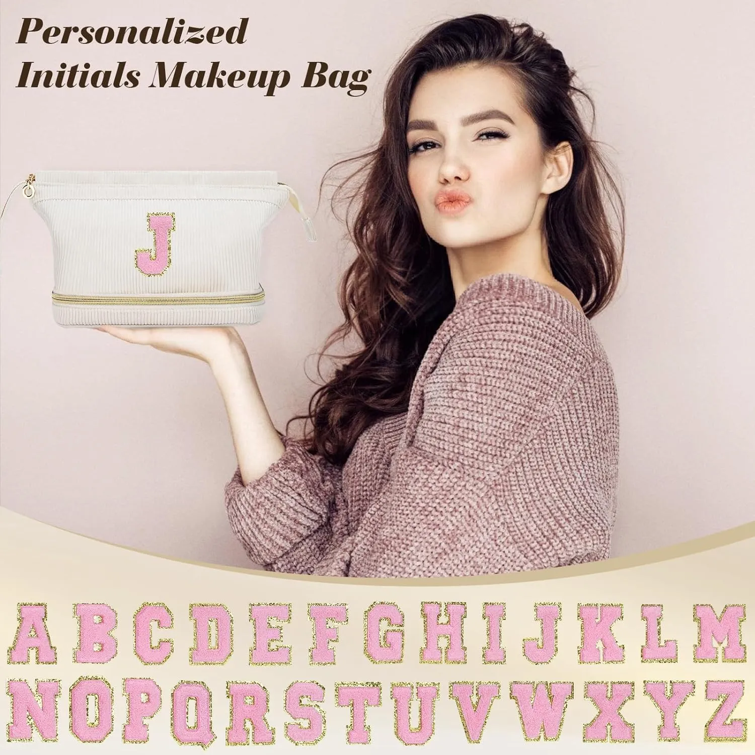 Makeup Bag for Girls Gift, Personalized Graduation Gifts Initial Women Makeup Bag for Travel, Teacher Appreciation Gifts Preppy Make up Bag Cosmetic Bag 18th Birthday Gifts for Teen Girl Trendy - C