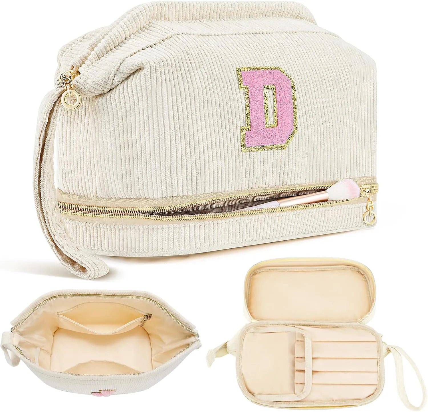 Makeup Bag for Girls Gift, Personalized Graduation Gifts Initial Women Makeup Bag for Travel, Teacher Appreciation Gifts Preppy Make up Bag Cosmetic Bag 18th Birthday Gifts for Teen Girl Trendy - D