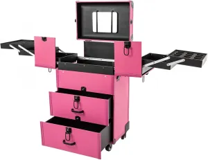 Makeup Train Case, Portable Rolling Makeup Trolley with 4 Wheels & Locks Cosmetology Case with 2 Drawers for Wedding Makeup Scenarios, Outdoor Shooting (Rose)