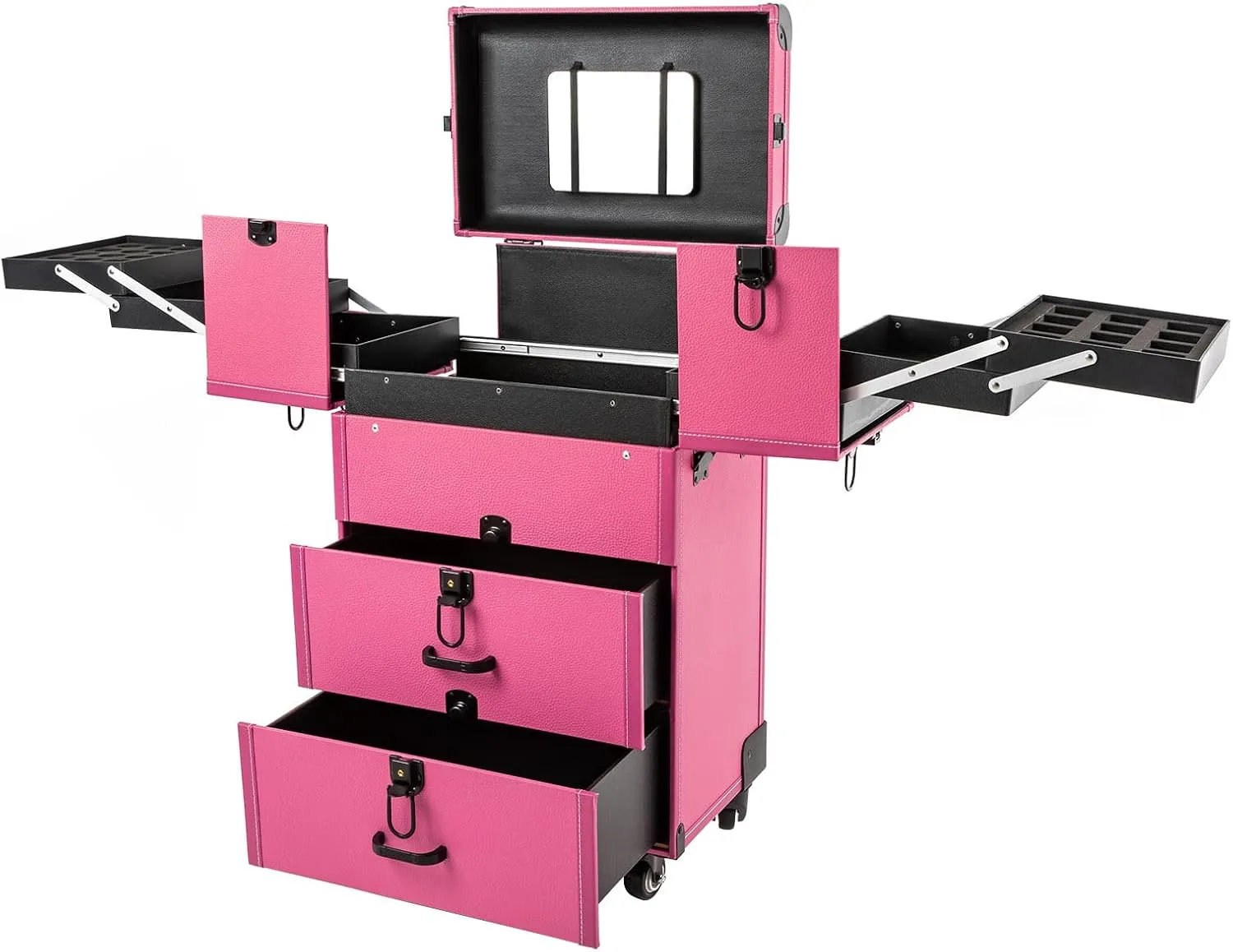 Makeup Train Case, Portable Rolling Makeup Trolley with 4 Wheels & Locks Cosmetology Case with 2 Drawers for Wedding Makeup Scenarios, Outdoor Shooting (Rose)