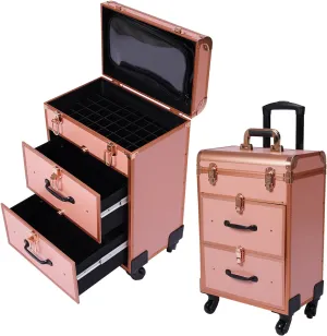 Makeup Train Case, Professional Rolling Makeup Trolley with Adjustable Dividers, Nail Polish Organizer, Jewelry Travel Cosmetic Train Case w/ 4 Wheels & Locks (Rose Gold)