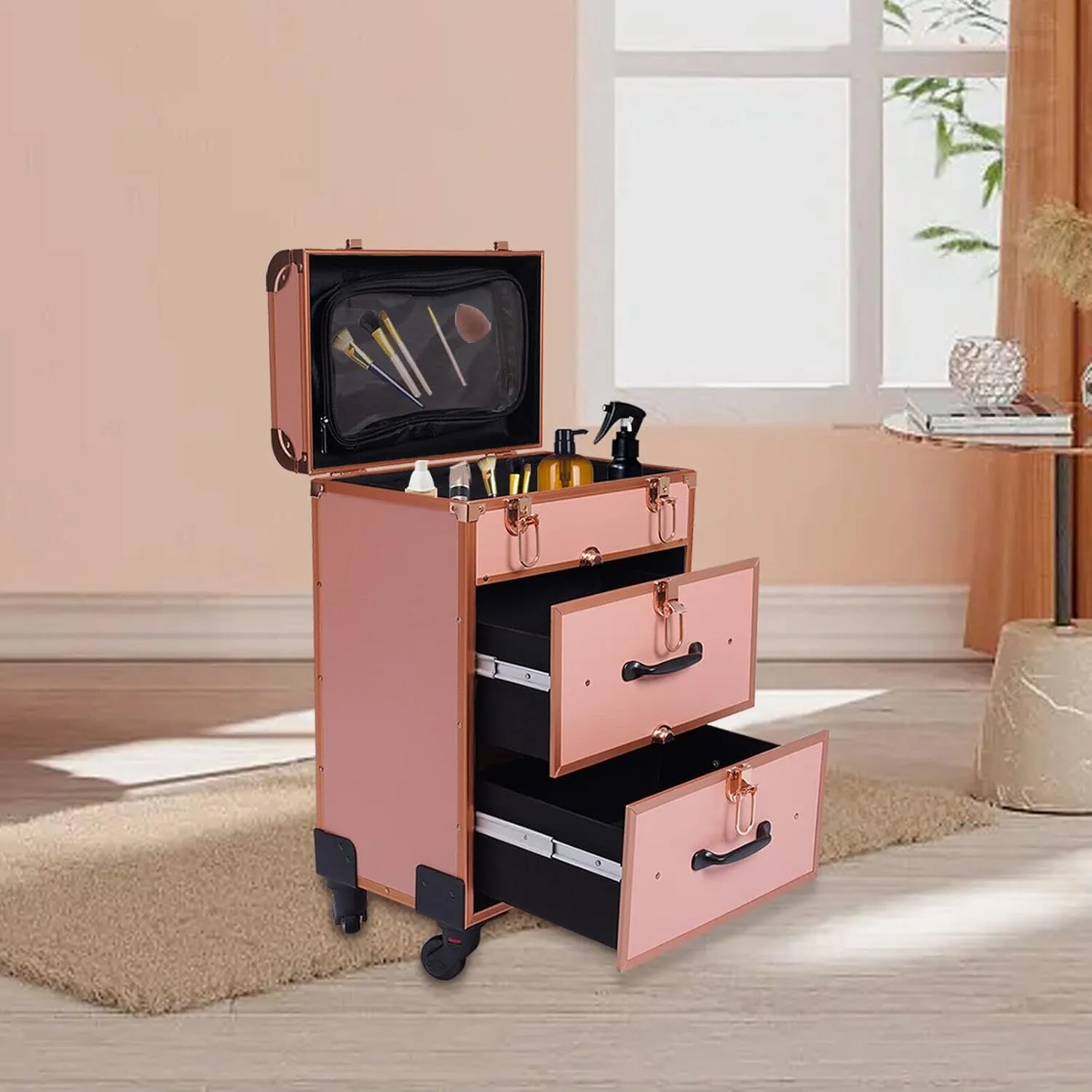 Makeup Train Case, Professional Rolling Makeup Trolley with Adjustable Dividers, Nail Polish Organizer, Jewelry Travel Cosmetic Train Case w/ 4 Wheels & Locks (Rose Gold)