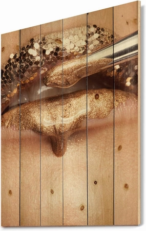 Makeup & Lipstick On The Face Of A Beautiful Model Modern & Contemporary Wood Wall Decor, Gold Wood Wall Art, Large People Wood Wall Panels Printed On Natural Pine Wood Art