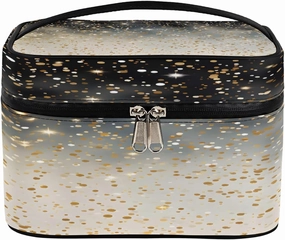 Makeup Bag Black Gold Glitter, Large Capacity Travel Toiletry Bag for Women with Handle and Elastic Fixed Rope Portable Makeup Bag Organizer