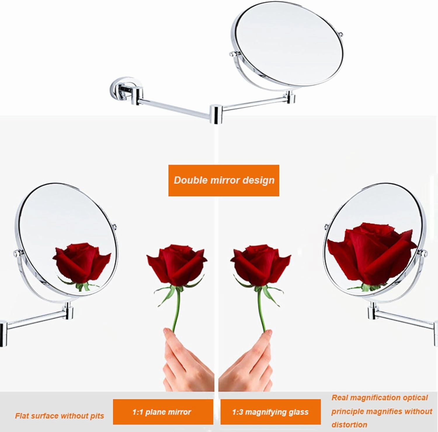 Makeup Mirror Wall Mounted Extra Long Arm, Magnifying Mirror Wall Mounted Adjustable, Cosmetic Vanity Mirror Magnification Double Sided, 360° Swivel Extend and Fold Bathroom Shaving Mirror