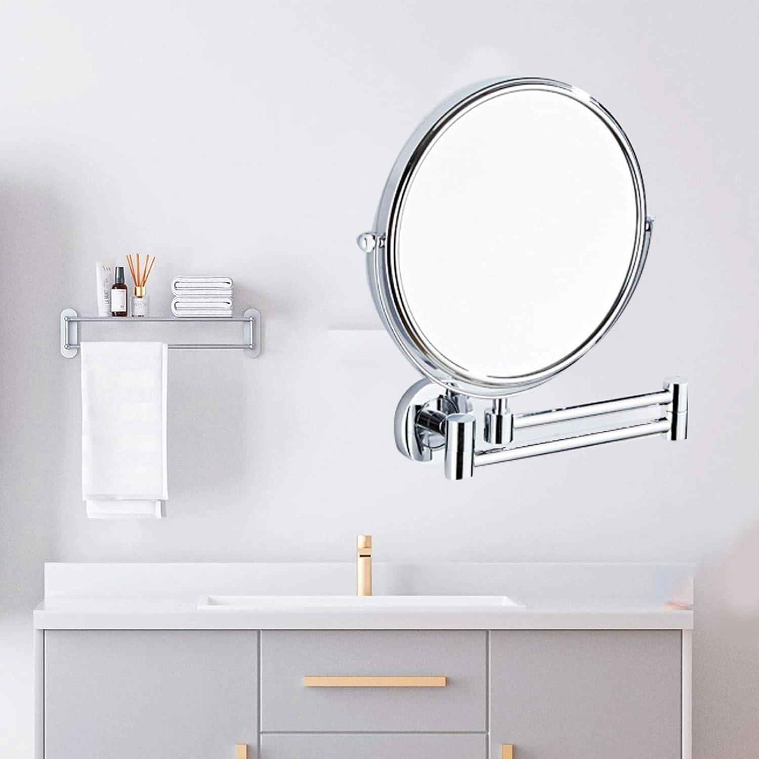 Makeup Mirror Wall Mounted Extra Long Arm, Magnifying Mirror Wall Mounted Adjustable, Cosmetic Vanity Mirror Magnification Double Sided, 360° Swivel Extend and Fold Bathroom Shaving Mirror