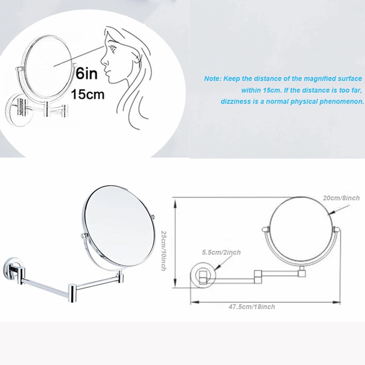 Makeup Mirror Wall Mounted Extra Long Arm, Magnifying Mirror Wall Mounted Adjustable, Cosmetic Vanity Mirror Magnification Double Sided, 360° Swivel Extend and Fold Bathroom Shaving Mirror