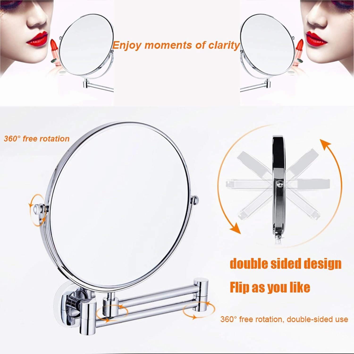 Makeup Mirror Wall Mounted Extra Long Arm, Magnifying Mirror Wall Mounted Adjustable, Cosmetic Vanity Mirror Magnification Double Sided, 360° Swivel Extend and Fold Bathroom Shaving Mirror