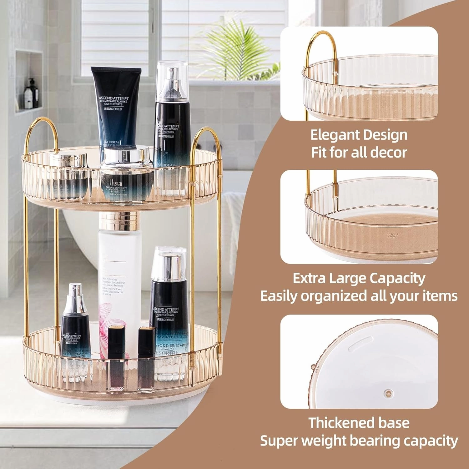 Makeup Organizer - 360 Rotating Cosmetics Organizer for Vanity, Bathroom & Dresser Countertop (2 Tiers, Amber)