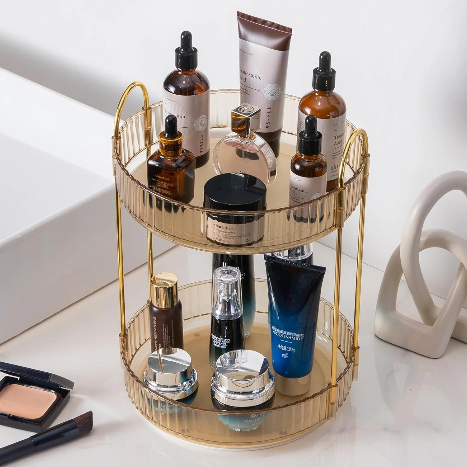 Makeup Organizer - 360 Rotating Cosmetics Organizer for Vanity, Bathroom & Dresser Countertop (2 Tiers, Amber)