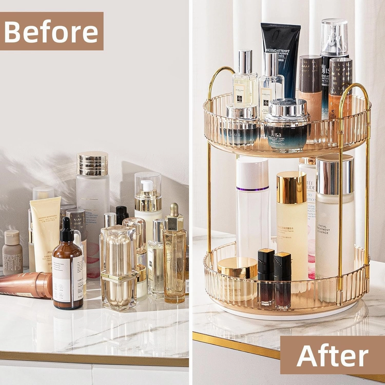 Makeup Organizer - 360 Rotating Cosmetics Organizer for Vanity, Bathroom & Dresser Countertop (2 Tiers, Amber)