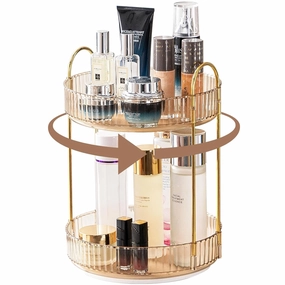 Makeup Organizer - 360 Rotating Cosmetics Organizer for Vanity, Bathroom & Dresser Countertop (2 Tiers, Amber)
