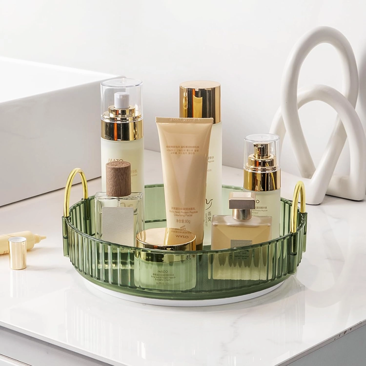 Makeup Organizer for Vanity, 360° Rotating Bathroom Organizer Countertop, High-Capacity Skincare Organizer, Spinning Cosmetics Organizer for Dresser Countertop (1 Tier, Green)