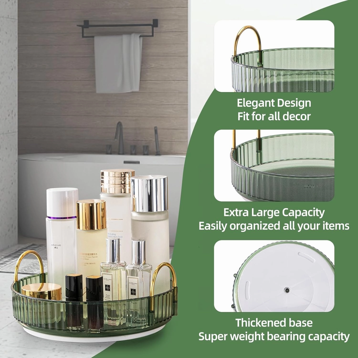 Makeup Organizer for Vanity, 360° Rotating Bathroom Organizer Countertop, High-Capacity Skincare Organizer, Spinning Cosmetics Organizer for Dresser Countertop (1 Tier, Green)