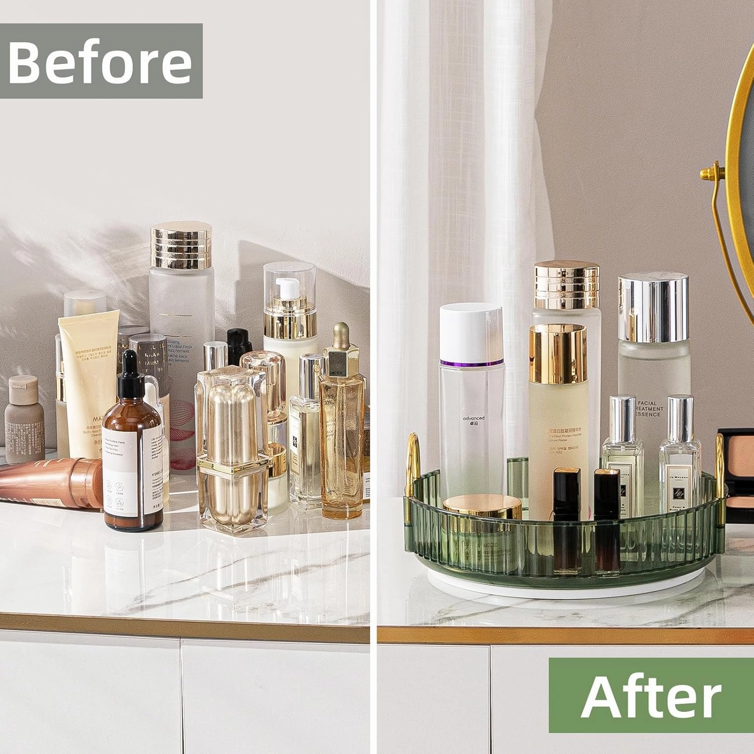 Makeup Organizer for Vanity, 360° Rotating Bathroom Organizer Countertop, High-Capacity Skincare Organizer, Spinning Cosmetics Organizer for Dresser Countertop (1 Tier, Green)