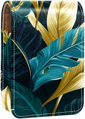 Makeup Organizer,Makeup Lipstick Case for Outside Mini Bag Travel Cosmetic Pouch,Tropical Leaves Graphic Gold