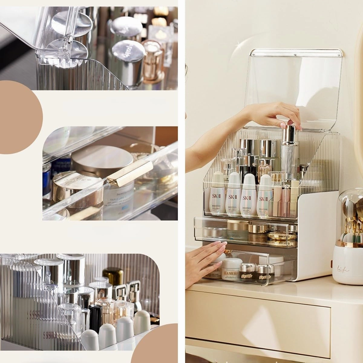Makeup Organizer Translucent Large Capacity Cosmetics Organizer Countertop Storage Box for Vanity Easy Visibility Dustproof with Drawers (Black)