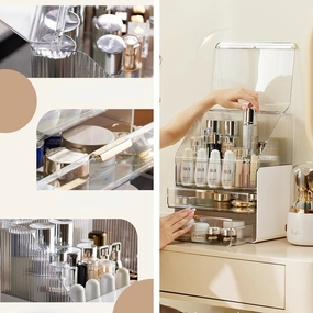 Makeup Organizer Translucent Large Capacity Cosmetics Organizer Countertop Storage Box for Vanity Easy Visibility Dustproof with Drawers (Black)