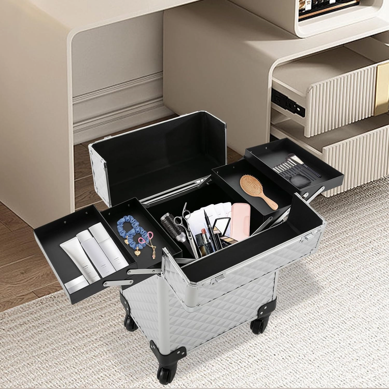 Makeup Rolling Train Case Trolley Professional Cosmetic Organizer Box Large Capacity Trolley Makeup Travel Case with Compartments and 4 Universal Wheels for Esthetician Make-Up Artists (Silver)