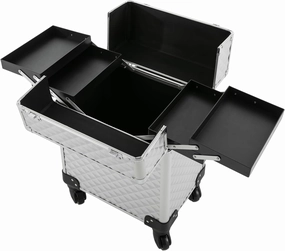 Makeup Rolling Train Case Trolley Professional Cosmetic Organizer Box Large Capacity Trolley Makeup Travel Case with Compartments and 4 Universal Wheels for Esthetician Make-Up Artists (Silver)