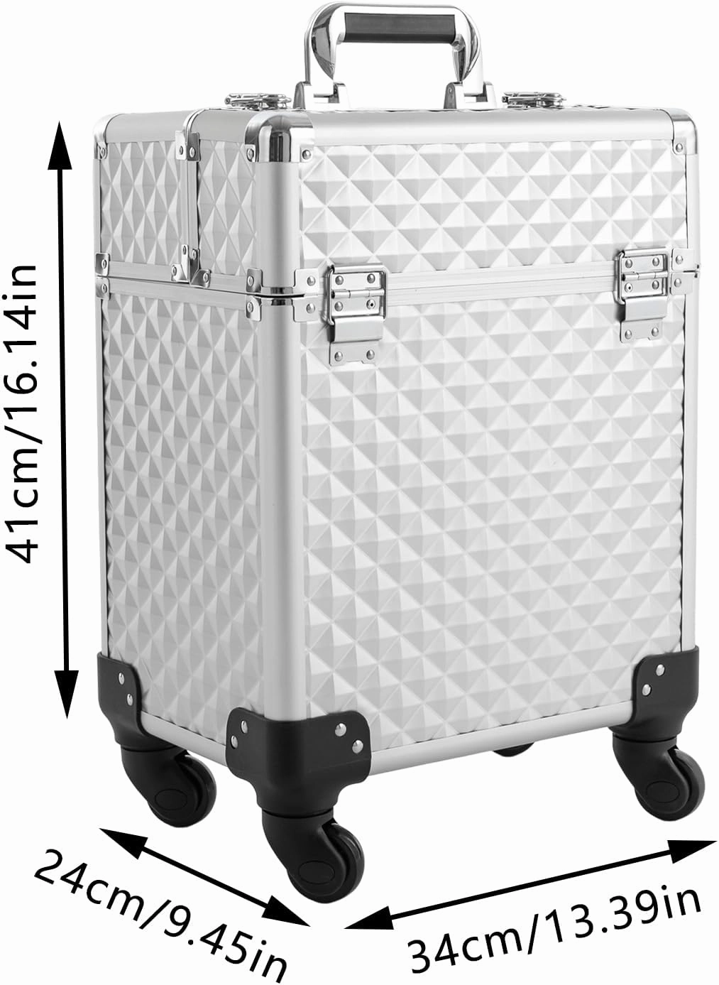 Makeup Rolling Train Case Trolley Professional Cosmetic Organizer Box Large Capacity Trolley Makeup Travel Case with Compartments and 4 Universal Wheels for Esthetician Make-Up Artists (Silver)