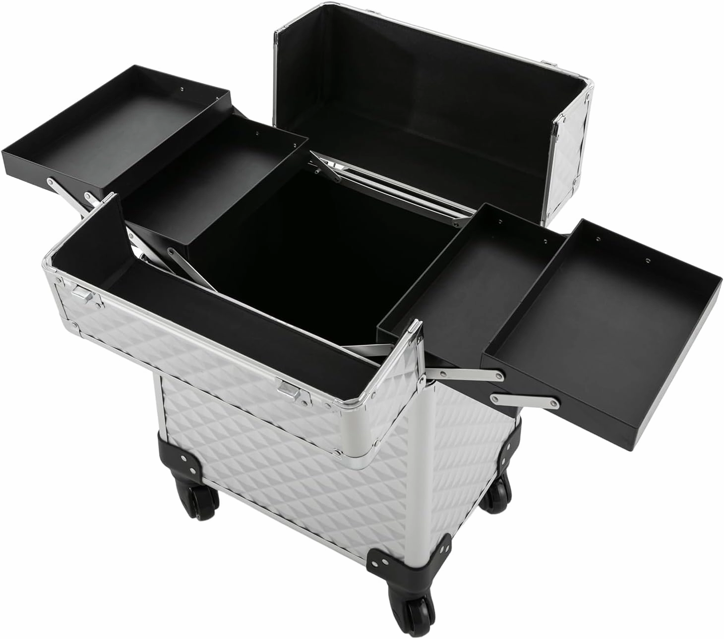 Makeup Rolling Train Case Trolley Professional Cosmetic Organizer Box Large Capacity Trolley Makeup Travel Case with Compartments and 4 Universal Wheels for Esthetician Make-Up Artists (Silver)