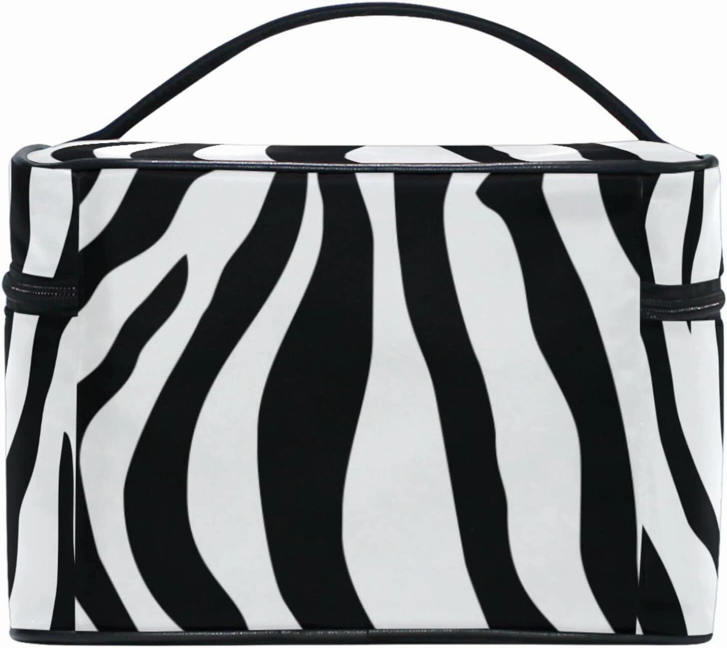 Makeup Train Case Zebra Animal Black White Print Light Summer Gold Korean Carrying Portable Zip Travel Cosmetic Brush Bag Organizer Large for Girls Women