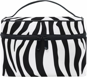 Makeup Train Case Zebra Animal Black White Print Light Summer Gold Korean Carrying Portable Zip Travel Cosmetic Brush Bag Organizer Large for Girls Women