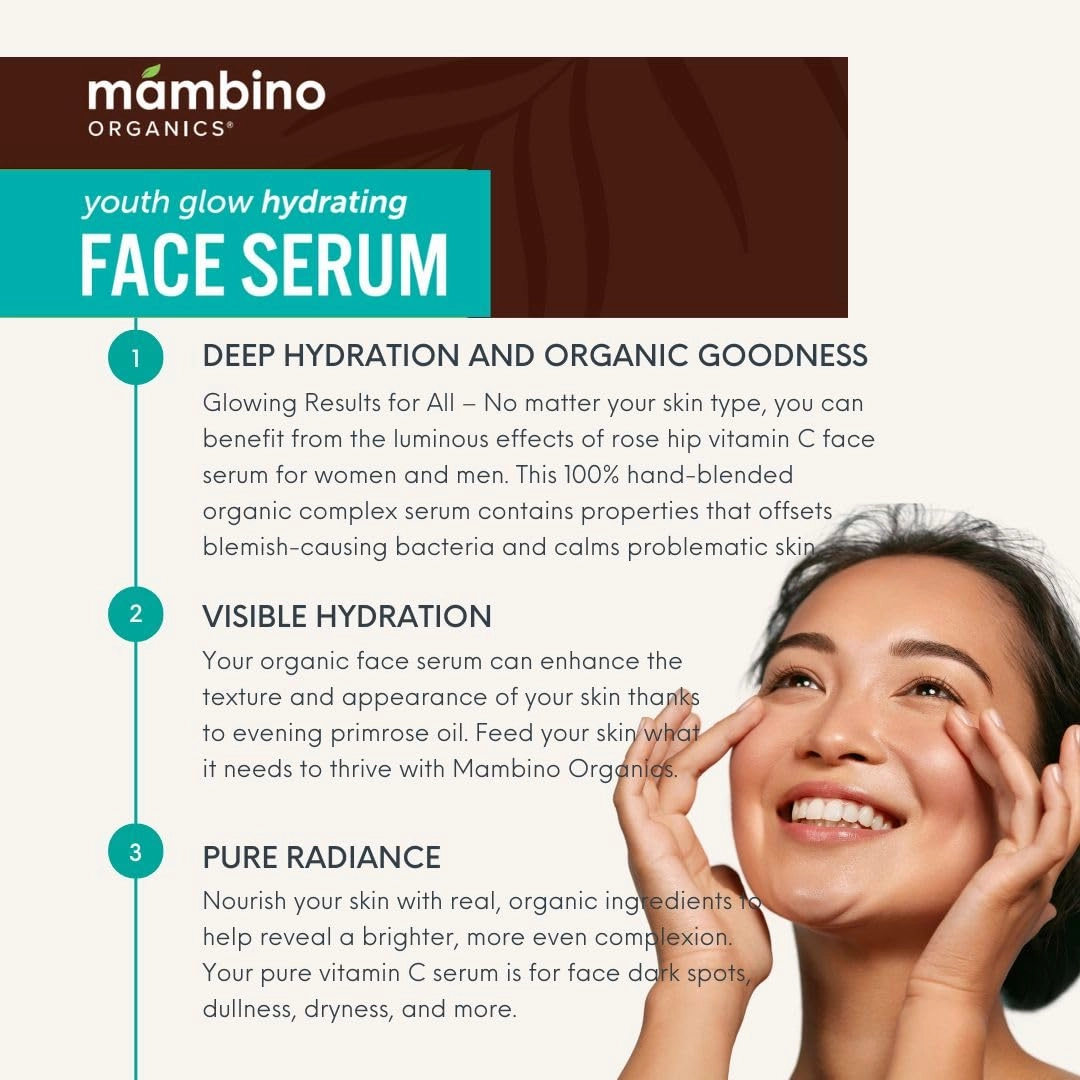 Mambino Organics Youth Glow Hydrating Serum – Organic, Face Serum with Namibian Marula – Nourishing Omegas & Vitamin C for Dryness, Dark Spots, Dullness – Cruelty-Free Skin Care, 3-Pack 1 fl oz