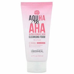 Mediheal AQUHA Rose AHA Cleansing Foam 140ml (4.7 fl.oz) - Mild Exfoliating AHA Facial Gel to Foam Cleanser with Rose Oil, Hydrating & Brightening