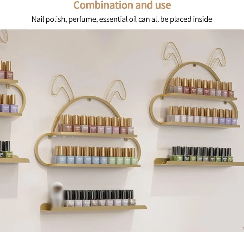 Metal Nail Polish Organizer Wall, Cute Nail Polish Wall Storage Rack, Rabbit-Shape Nail Polish Display, Wall-mounted Nail Polish Holder, Lipstick/Perfume Wall Shelf for Nail Salon Shop(Gold,8-piece se