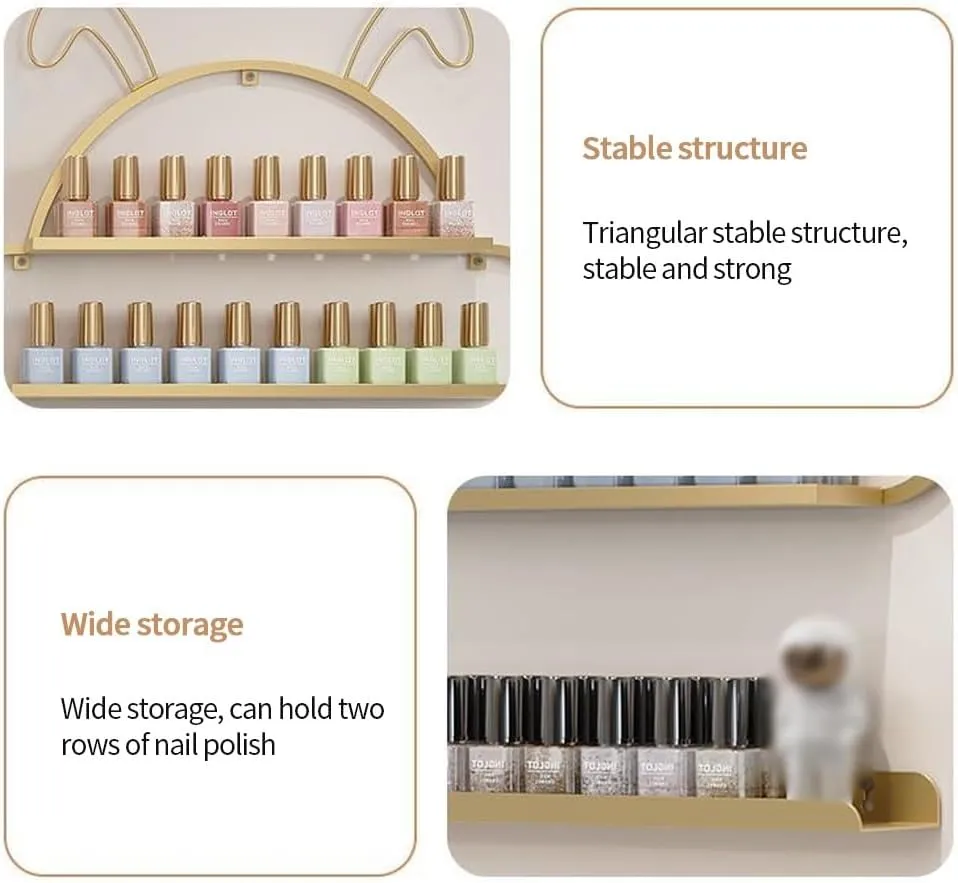 Metal Nail Polish Organizer Wall, Cute Nail Polish Wall Storage Rack, Rabbit-Shape Nail Polish Display, Wall-mounted Nail Polish Holder, Lipstick/Perfume Wall Shelf for Nail Salon Shop(Gold,8-piece se