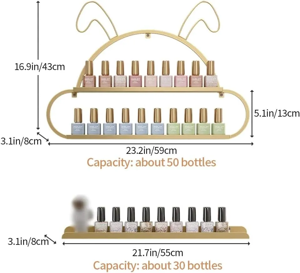 Metal Nail Polish Organizer Wall, Cute Nail Polish Wall Storage Rack, Rabbit-Shape Nail Polish Display, Wall-mounted Nail Polish Holder, Lipstick/Perfume Wall Shelf for Nail Salon Shop(Gold,8-piece se