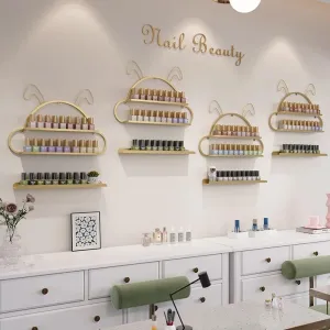 Metal Nail Polish Organizer Wall, Cute Nail Polish Wall Storage Rack, Rabbit-Shape Nail Polish Display, Wall-mounted Nail Polish Holder, Lipstick/Perfume Wall Shelf for Nail Salon Shop(Gold,8-piece se