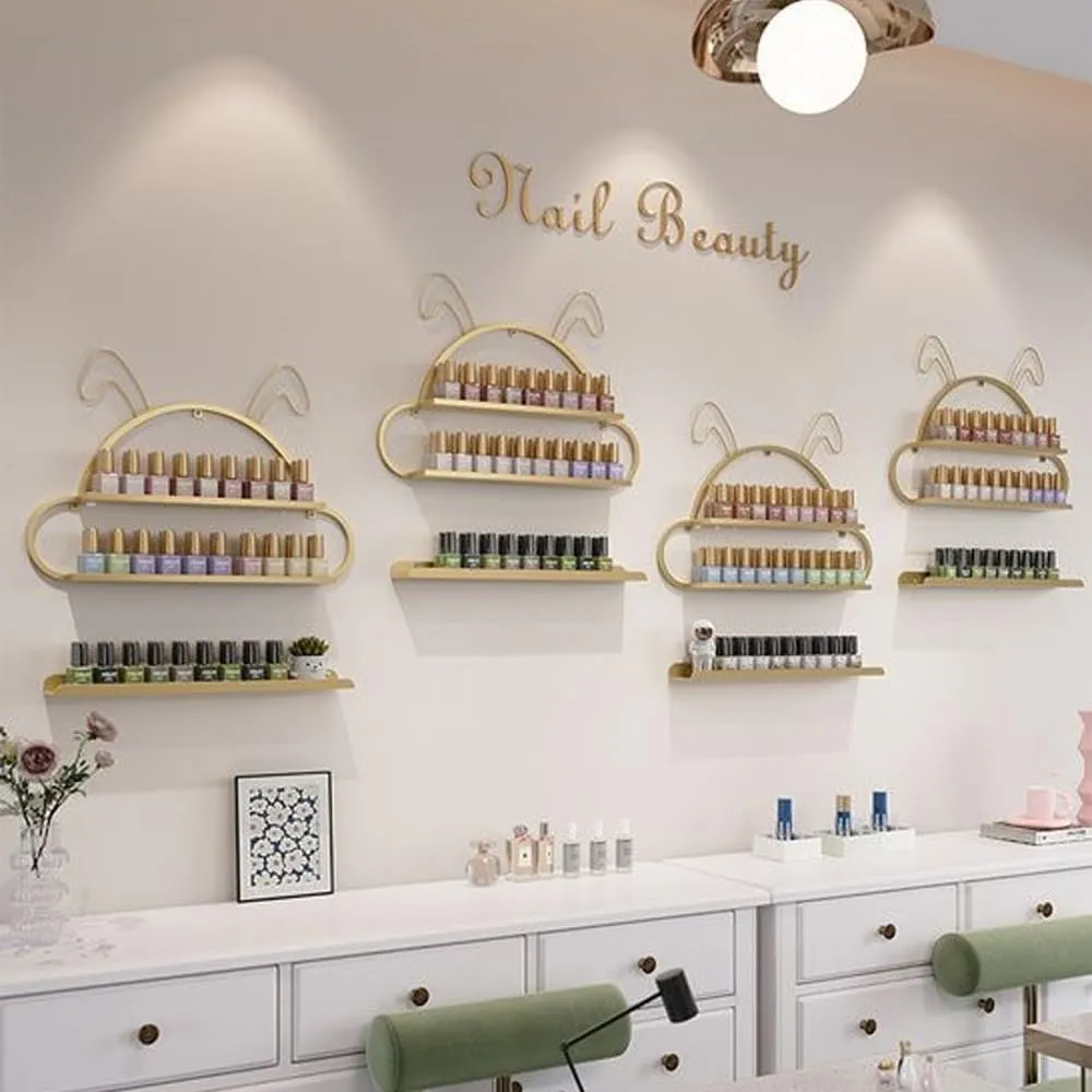 Metal Nail Polish Organizer Wall, Cute Nail Polish Wall Storage Rack, Rabbit-Shape Nail Polish Display, Wall-mounted Nail Polish Holder, Lipstick/Perfume Wall Shelf for Nail Salon Shop(Gold,8-piece se
