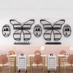 Metal Wall Mounted Nail Polish Rack, Butterfly Shaped Cosmetic Display Racks, Essential Oil Bottles Shelf Organizer, Lipstick Perfume Holder for Home Spa Nail Salon Shop(7 Pieces, Black)