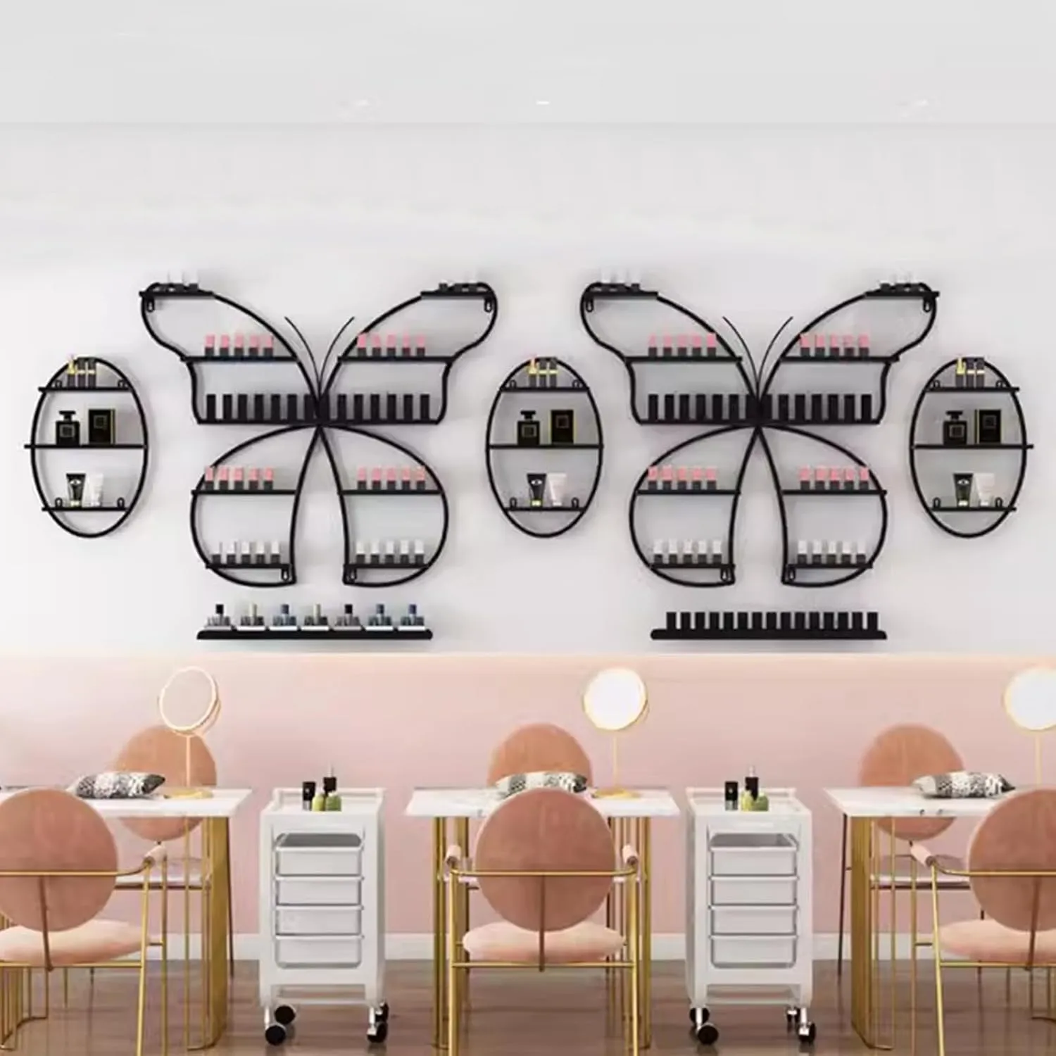 Metal Wall Mounted Nail Polish Rack, Butterfly Shaped Cosmetic Display Racks, Essential Oil Bottles Shelf Organizer, Lipstick Perfume Holder for Home Spa Nail Salon Shop(7 Pieces, Black)