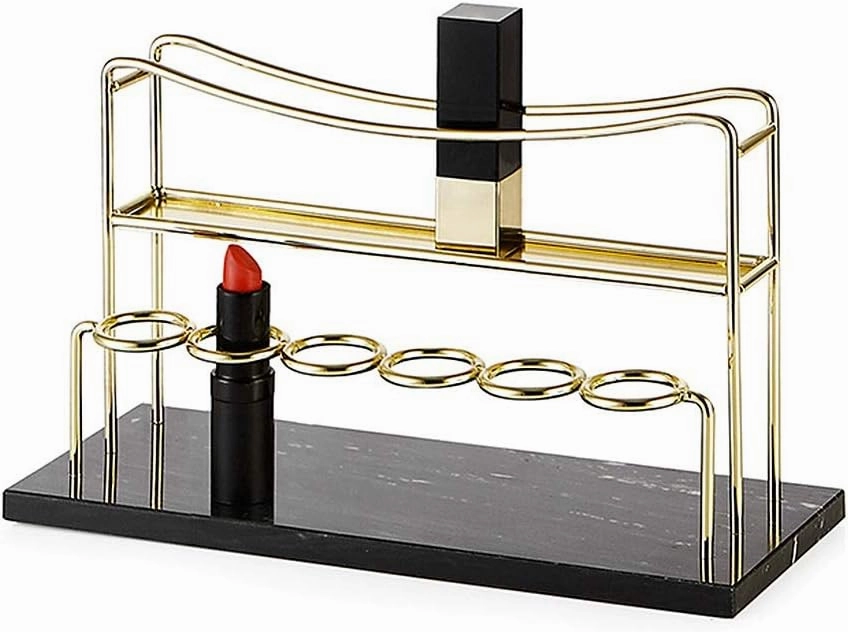 Metal Lipstick Organizer Rack Gold Black Marble Makeup Organizer Countertop 2 Tier Cosmetic Shelf