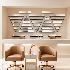 Metal Wall Mounted Nail Polish Rack, 5 Sets Triangular Cosmetic Display Racks, Essential Oil Bottles Shelf Organizer, Gold Storage Lipstick Perfume Holder for Spa Nail Salon Shop Home
