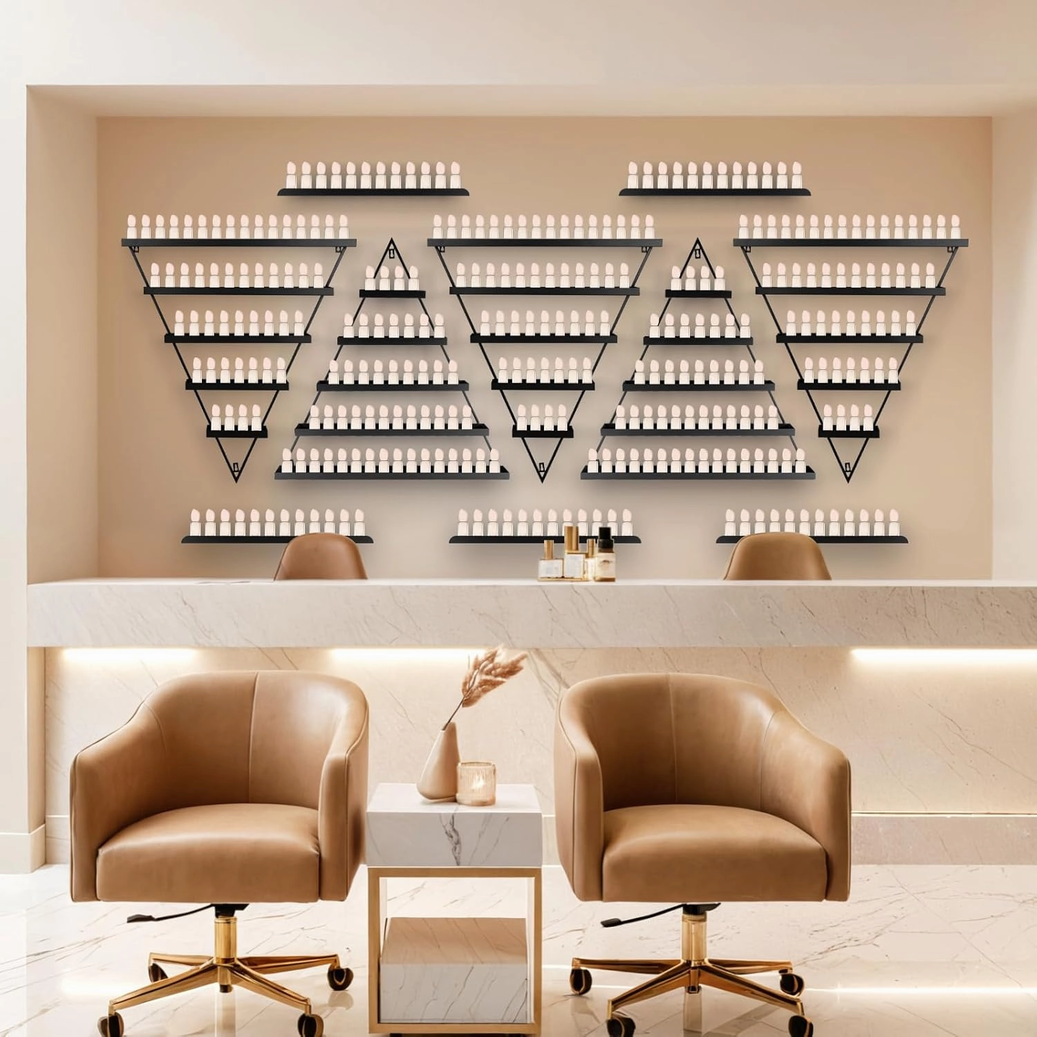 Metal Wall Mounted Nail Polish Rack, 5 Sets Triangular Cosmetic Display Racks, Essential Oil Bottles Shelf Organizer, Gold Storage Lipstick Perfume Holder for Spa Nail Salon Shop Home