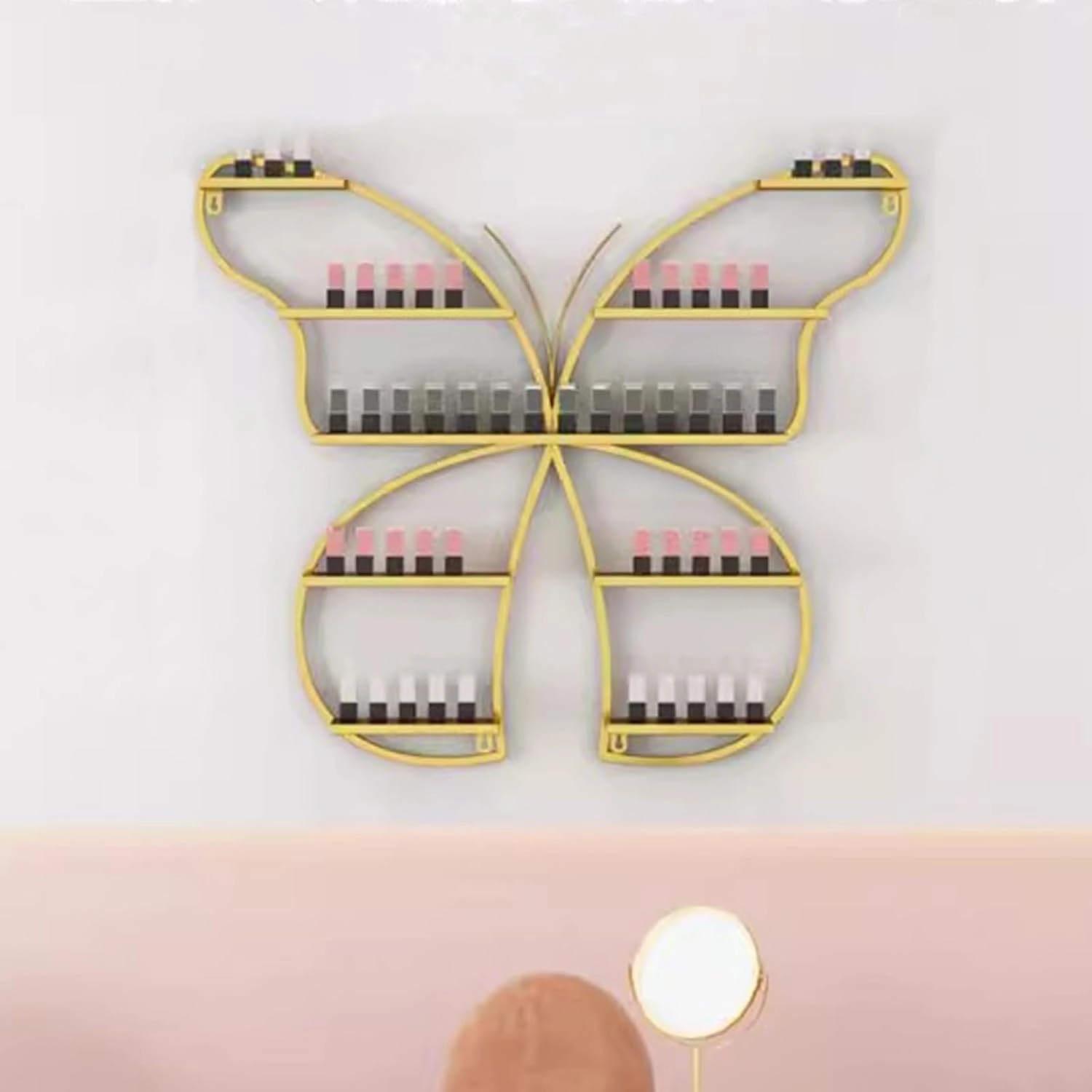 Metal Wall Mounted Nail Polish Rack, Butterfly Shaped Cosmetic Display Racks, Essential Oil Bottles Shelf Organizer, Lipstick Perfume Holder for Home Spa Nail Salon Shop(1 Piece, Gold)
