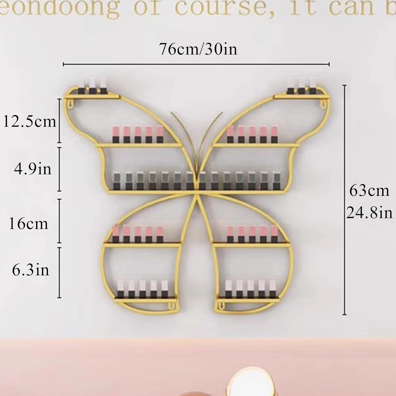 Metal Wall Mounted Nail Polish Rack, Butterfly Shaped Cosmetic Display Racks, Essential Oil Bottles Shelf Organizer, Lipstick Perfume Holder for Home Spa Nail Salon Shop(1 Piece, Gold)