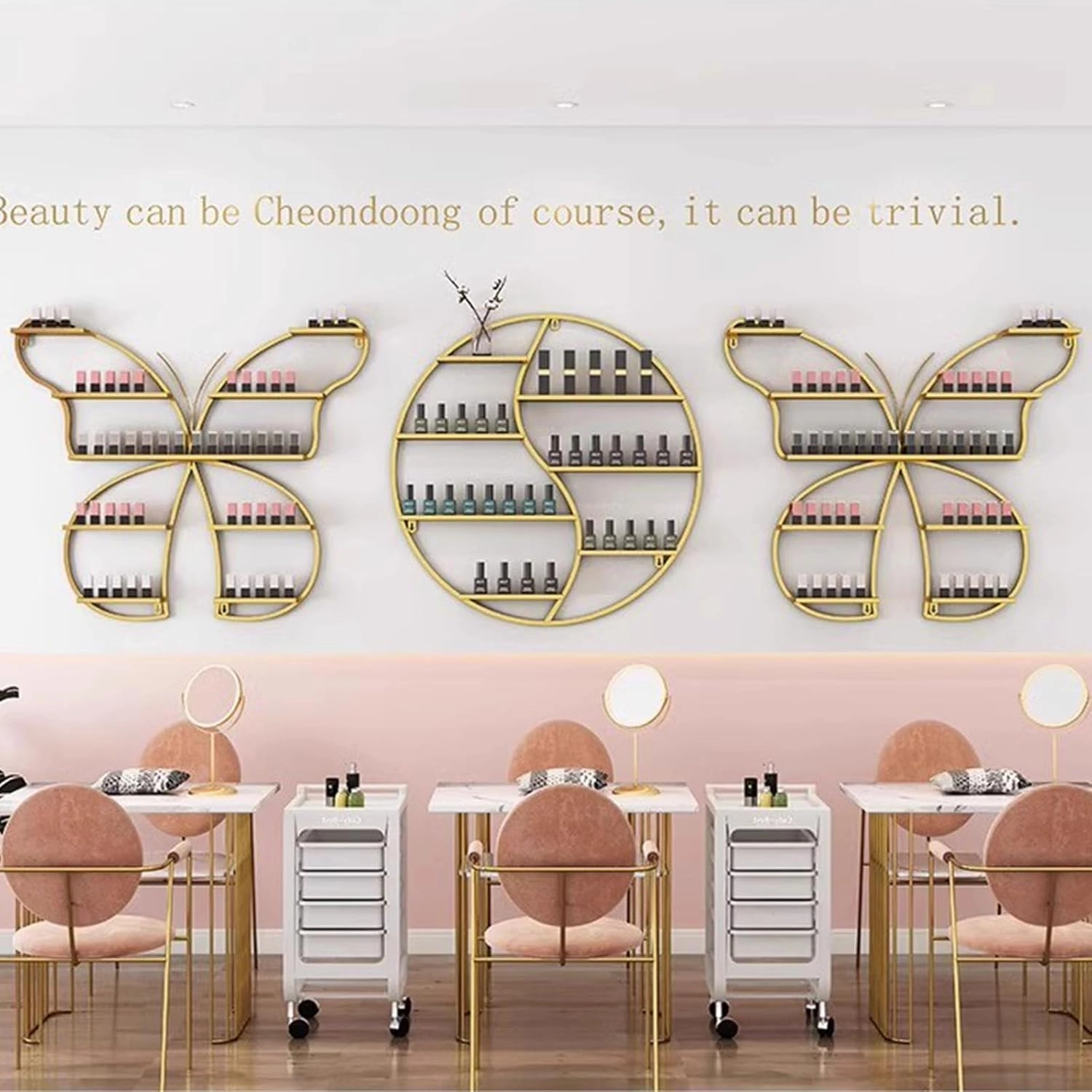 Metal Wall Mounted Nail Polish Rack, Butterfly Shaped Cosmetic Display Racks, Essential Oil Bottles Shelf Organizer, Lipstick Perfume Holder for Home Spa Nail Salon Shop(1 Piece, Gold)