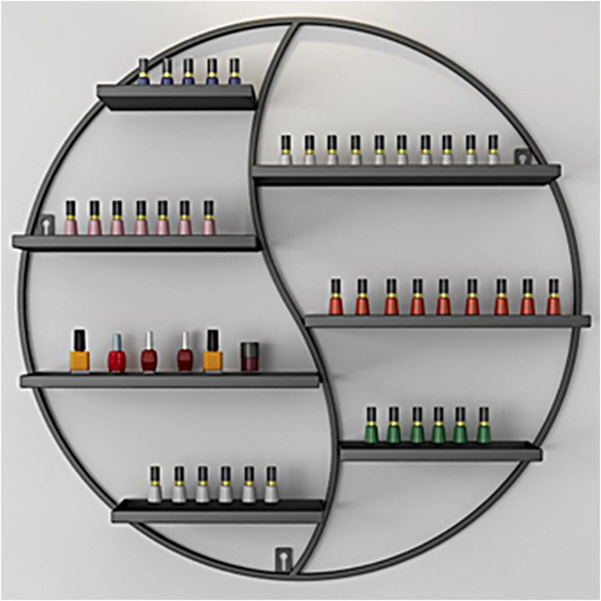 Metal Wall Mounted Nail Polish Storage Racks, Cosmetic Display Cases Lipstick Perfume Wall Shelf Essential Oil Organizers (Asymmetric Round),Black